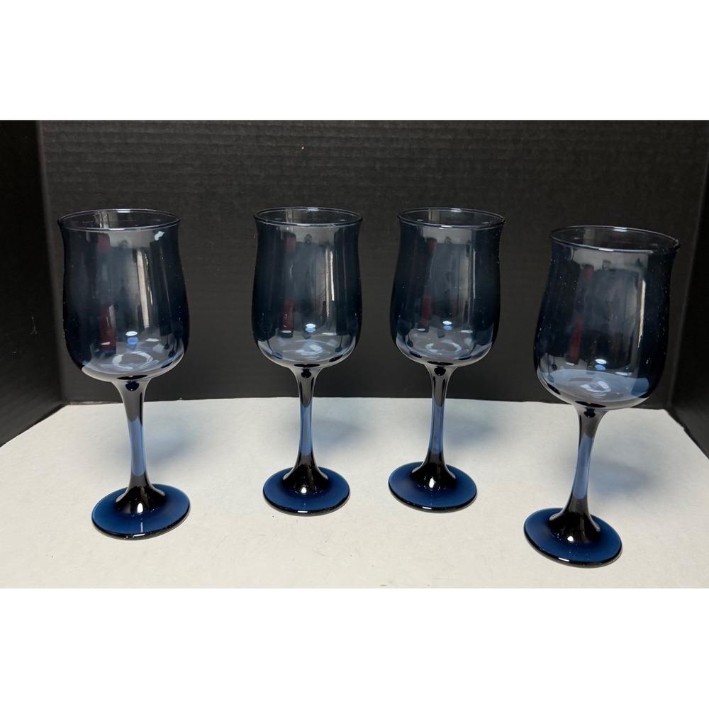 VTG Set of 4 Libbey Dusky Blue Glass Wine Glasses 8.25" Tulip Stemware Goblets